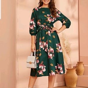 SHEIN Elastic Waist Belted Floral Dress